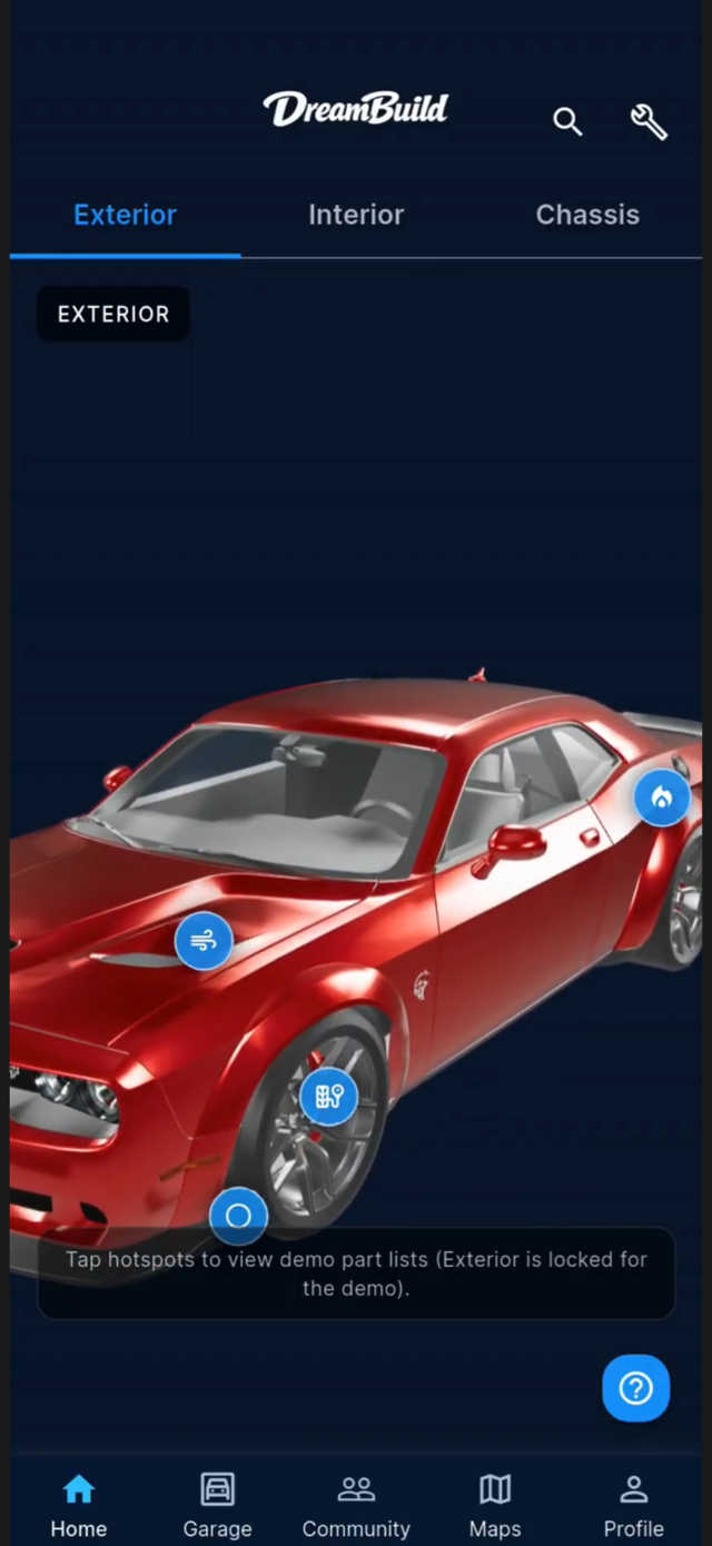 DreamBuild app interface showing a custom car build with modifications tracker