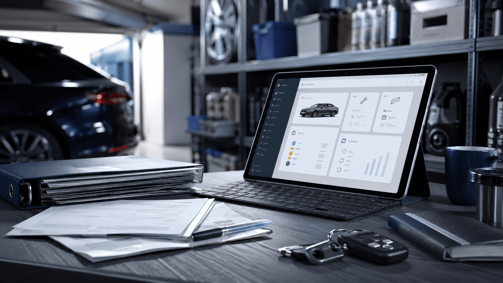 Laptop showing a vehicle dashboard app, service binder and keys on a desk, garage in background